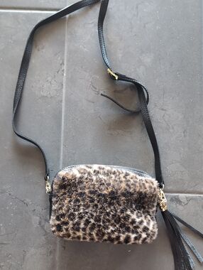 Leopard Faux Fur Crossbody Bag with Black Strap ..Made In Italy